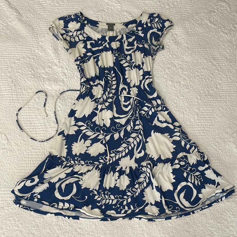 Ann Taylor Blue and White Bohemian Print Drawstring Waist Dress